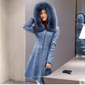 Lady mit Kapuze Shearling und Lamm Ledermantel Long Style